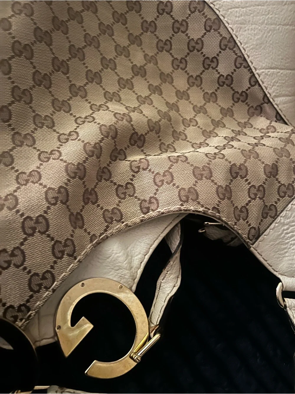 Gucci Beige GG Canvas and White Leather Hobo Bag